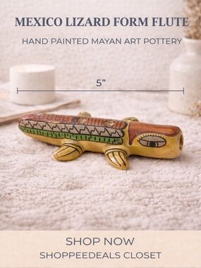 Mexico Lizard Form Flute Hand Painted Art Pottery Mayan Style